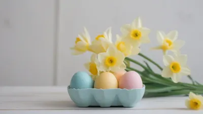 Pastel Eggs and Daffodils Softly Lit - Easter - AI generated image