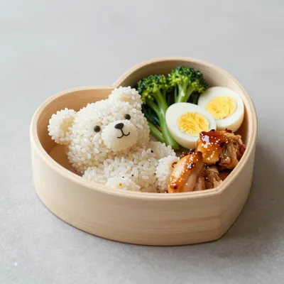 Heart-Shaped Bento Box with Bear Rice - Food - AI generated image