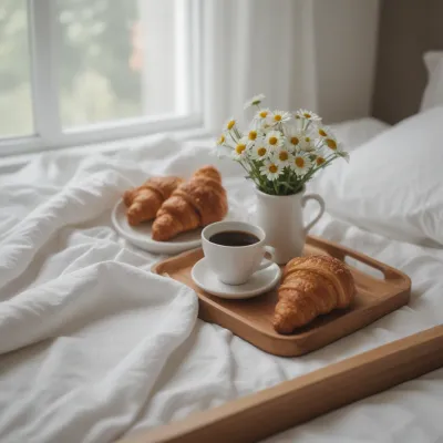 Breakfast Tray with Croissants and Coffee in Bed - Breakfast - AI generated image
