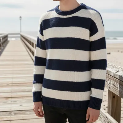 Person in Striped Sweater on Wooden Pier - Fashion - AI generated image