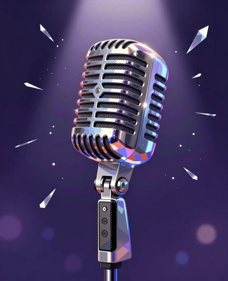 Glossy Chrome Vintage Microphone Reflecting Colorful Lights - Microphone - AI generated image