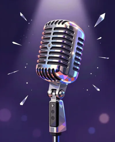 Glossy Chrome Vintage Microphone Reflecting Colorful Lights - Microphone - AI generated image