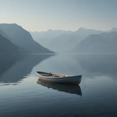 Weathered Boat Resting on Serene Lake - Landscape - AI generated image