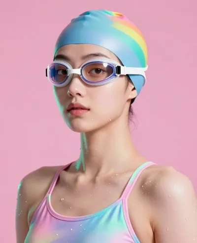 Rainbow Swimmer in Pink Cap - Swimming - AI generated image