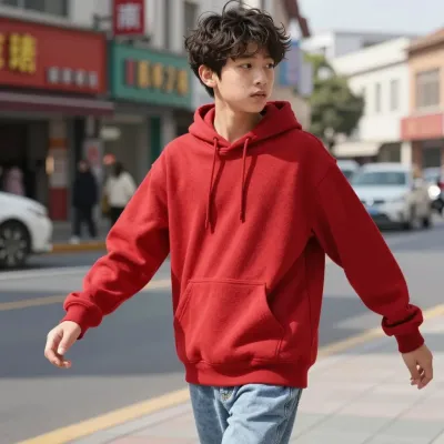 Red-Hoodie Youth on Urban Corner - Fashion - AI generated image