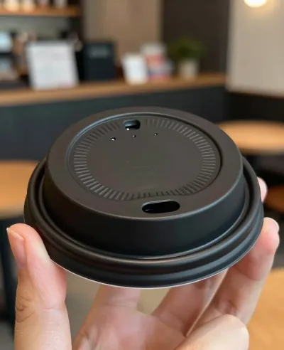 Black Coffee Lid Held in Cozy Café - Food & Drink - AI generated image