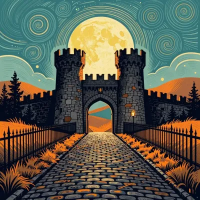 Castle Gate with Full Moon and Cobblestone Path - Architecture - AI generated image