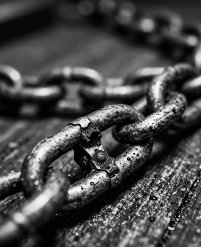 Coiled Steel Chain on Weathered Wood - Metal - AI generated image