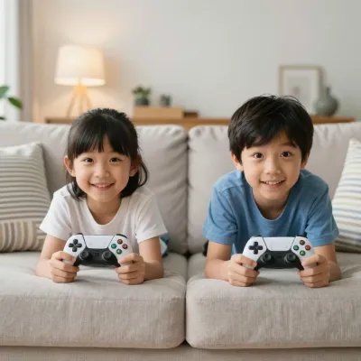 Children Playing Video Games on Soft Couch - Family - AI generated image