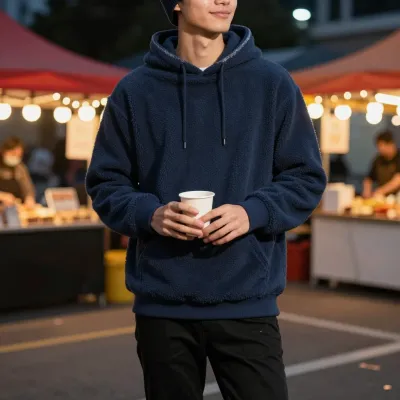 Person in Navy Hoodie at Night Market - Fashion - AI generated image