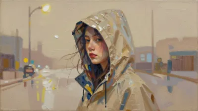 Person in Beige Raincoat Glancing Away on Street - People - AI generated image