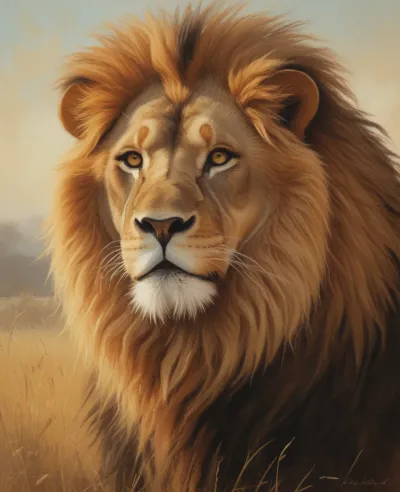 Golden Lion Gazing in Soft Savanna - Wildlife - AI generated image