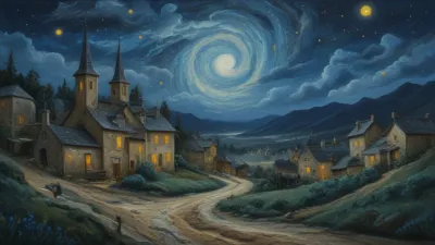 Starry Night Village with Church Spires - Architecture - AI generated image