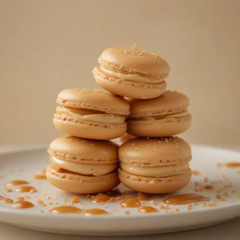 Salted Caramel Macarons Stacked with Dripping Caramel - Food - AI generated image
