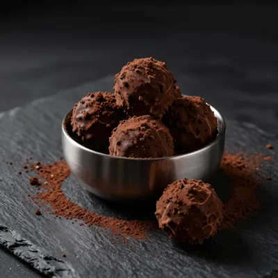 Chocolate Truffles in Metallic Bowl with Cocoa Shavings - Food - AI generated image