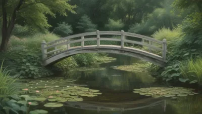Wooden Bridge Over Serene Pond - Architecture - AI generated image