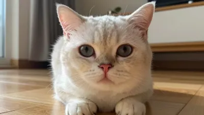 Cream Cat with Large Eyes Resting on Floor - Animal - AI generated image
