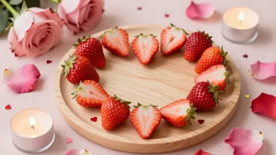 Heart-Shaped Strawberries on Wooden Platter - Food - AI generated image