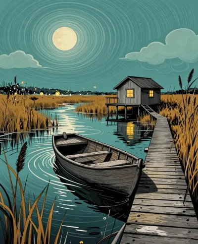 Sunken Boat and Dock Under Full Moon - Nature - AI generated image