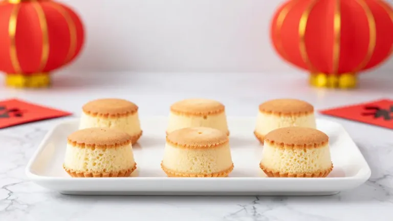 Golden-Brown Cakes on White Plate with Red Lanterns - Food - AI generated image