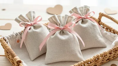Linen Lavender Sachets with Pink Ribbons in Wicker Basket - Decor - AI generated image