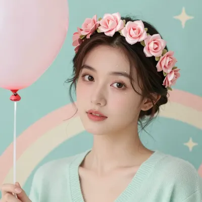 Floral Crown Model with Pink Balloon - Portrait - AI generated image