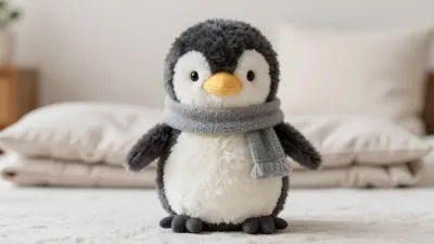 Plush Penguin with Scarf on Blanket - Plush - AI generated image