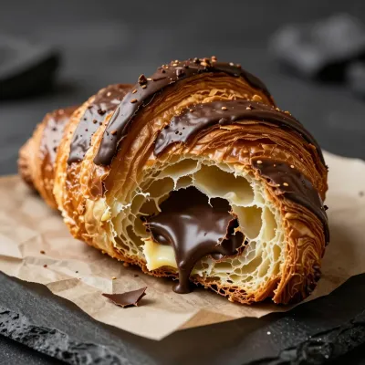 Chocolate Croissant Sliced Open with Glistening Filling - Bakery - AI generated image
