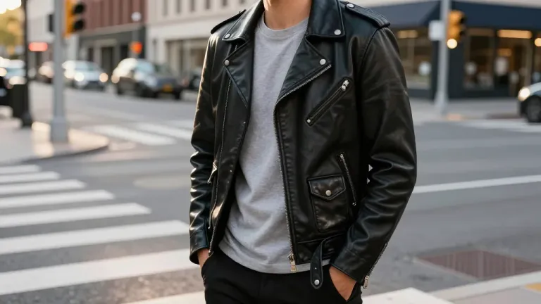 Person in Leather Jacket on Urban Crosswalk - Fashion - AI generated image