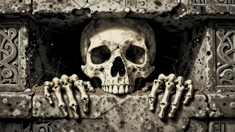 Skull Peeking Through Crypt Door - Horror - AI generated image