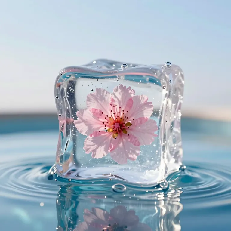 Cherry Blossom Encased in Ice Cube - Nature - AI generated image
