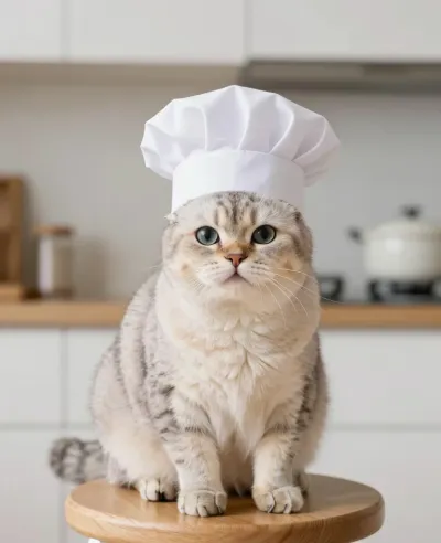 Fluffy Cat Wearing Chef's Hat in Kitchen - Animal - AI generated image