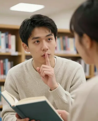 Young Man Shushing in Library - People - AI generated image