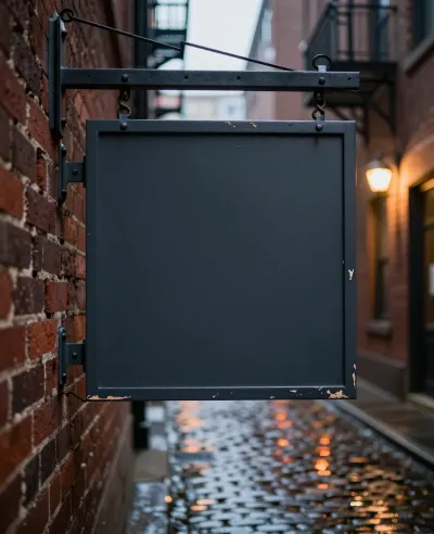 Blank Signboard Hanging in Wet Cobblestone Alley - Architecture - AI generated image