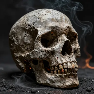 Lava-Stone Skull Glowing in Smoky Darkness - Art - AI generated image