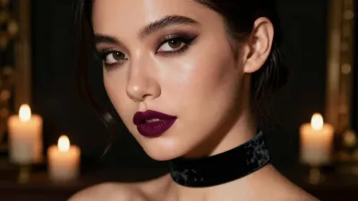 Woman with Plum Lipstick in Candlelit Setting - Fashion - AI generated image