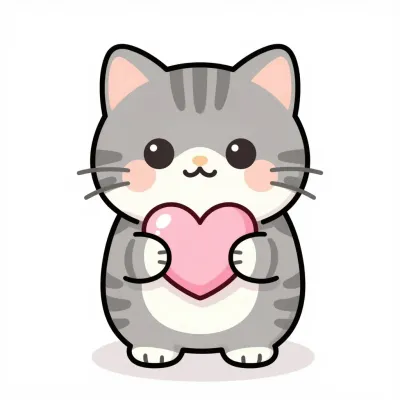 Chubby Tabby Cat Holding Pink Heart - Animals - AI generated image