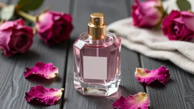 Crystal Perfume Bottle with Gold Cap on Dark Wood - Beauty - AI generated image