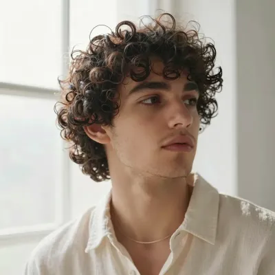 Curly-Haired Man Gazing Upward in Soft Light - Portrait - AI generated image