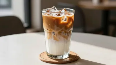 Iced Latte Glass with Golden Sunlight - Food - AI generated image