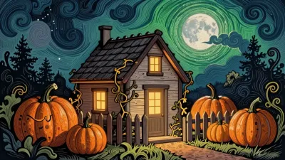 Pumpkin Patch Cottage Moonlit Night - Architecture - AI generated image