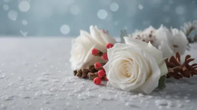 White Roses and Red Berries in Winter Frost - Flowers - AI generated image