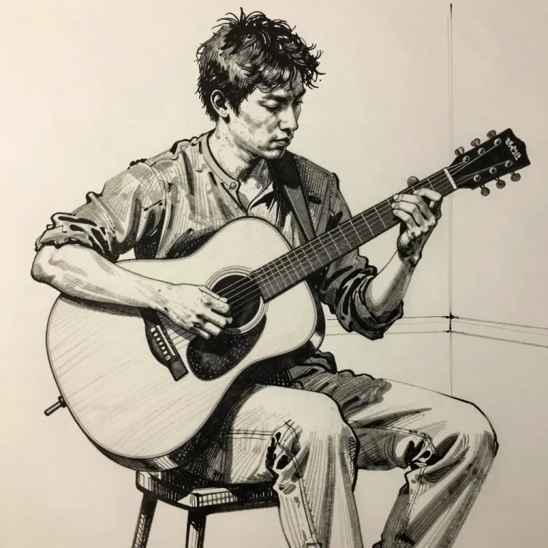 Young Man Playing Acoustic Guitar Monochrome - People - AI generated image
