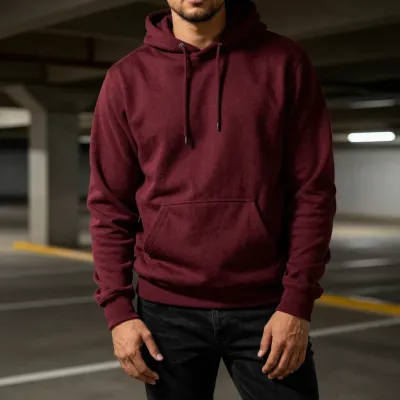 Person in Burgundy Hoodie in Dim Garage - Fashion - AI generated image