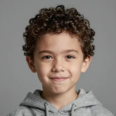 Curly-Haired Child Smiling in Soft Light - Portrait - AI generated image