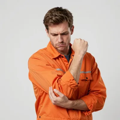 Construction Worker Clutching Elbow in Pain - People - AI generated image