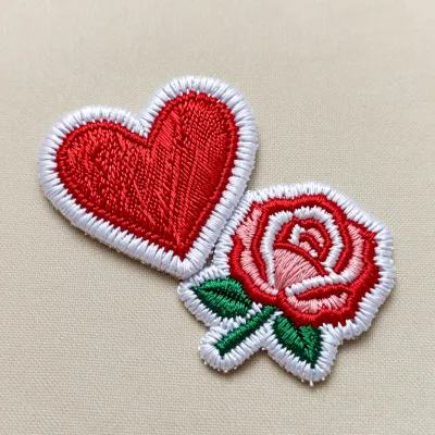 Embroidered Heart and Rose Patch Pair - Embroidery - AI generated image