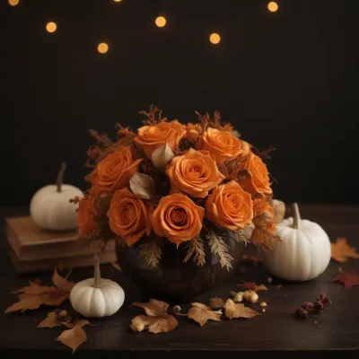 Autumnal Roses in Dark Vase with Fairy Lights - Flowers - AI generated image