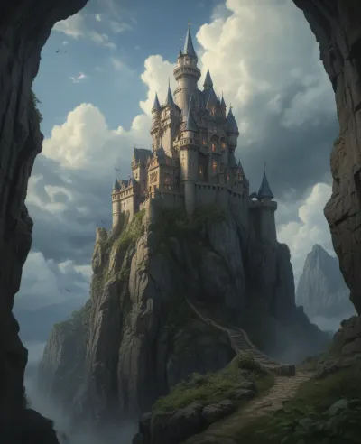 Rough Stone Castle Framed by Rocky Archway - Architecture - AI generated image