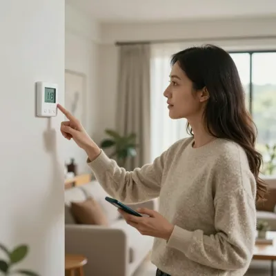 Woman Adjusting Digital Thermostat in Cozy Living Room - People - AI generated image